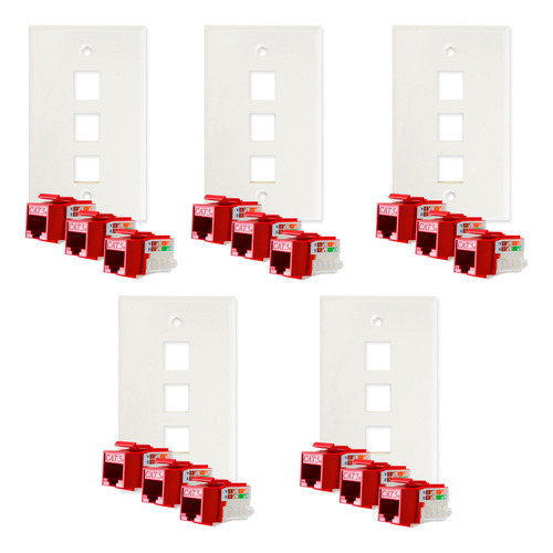 Kit 5 Placas Ens-fp63 + 15 Jacks Rj45 Cat5e Rojos Enson