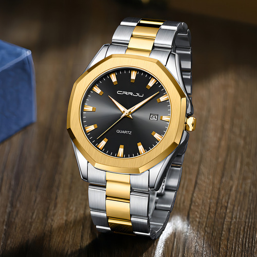 Reloj deportivo Crrju Calendar luminoso de acero inoxidable con fondo negro dorado plateado