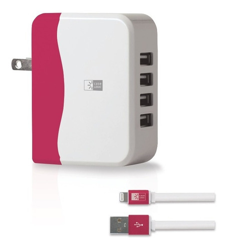 Cargador Casa 4 Ptos Cable Lightning Rosa Con Blanco