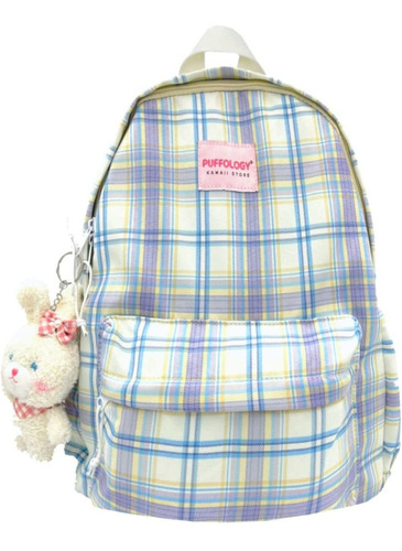 Mochila Escolar Kawaii A Cuadros C/accesorio (violeta)