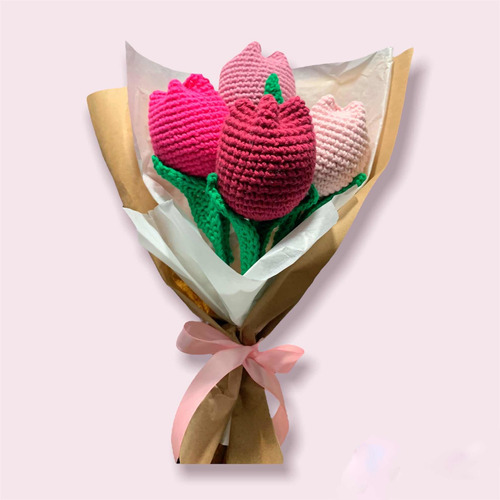 Ramo De 4 Flores Tejidas A Crochet Tipo Tulipán | Envío gratis