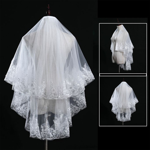Velo De Novia Para Mujer De 2 Niveles, Encaje, Tul Exquisito