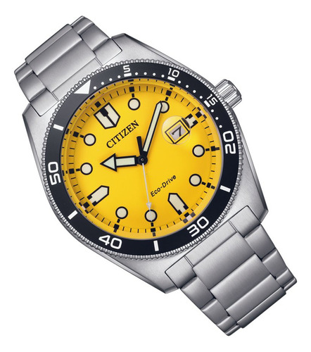 Reloj Citizen AW176081z Eco-drive Sports para hombre, 43 mm, correa, color plateado y bisel, color negro, color de fondo amarillo