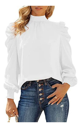 Camisa De Mujer Cuello Vuelto Manga Larga Abullonada Otoño