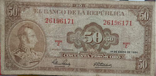 Billete Antiguo De 50 Pesos Oro Colombianos Serie Z