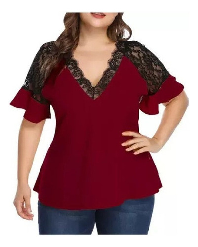 Women's Fashion Blouses Plus Size Chiffon V-neck Lace