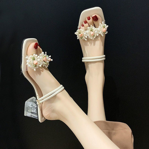 Sandalias Florales De Tacón Grueso Para Mujer, Zapatos Versá