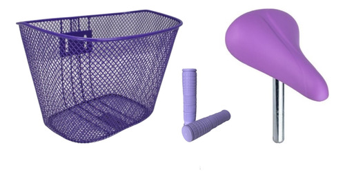 Kit Bike Aro 20 Roxo Infantil Banco C/ Canote Cesta Manopla