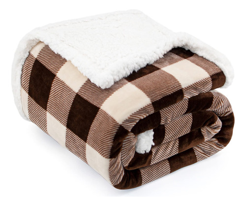 Manta Individual Sherpa Polar De Cuadros Cafes 152x203cm