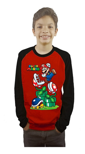 Polera Mario Bros Niños Manga Larga Estampada Dtf Cod 001