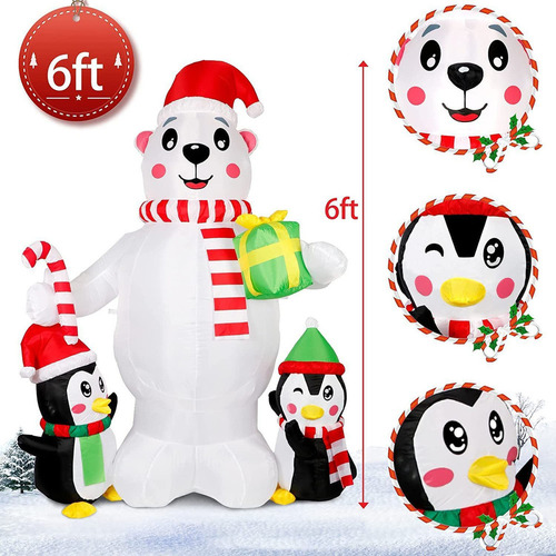 Pingüino Oso Polar Inflable De 6 Pies Decorado En Navidad