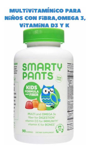 Smarty Pants Kids Multivitaminico Con Fibra, Omega, D3 Y K Sabor Fresa, Platano Naranja Y Limón