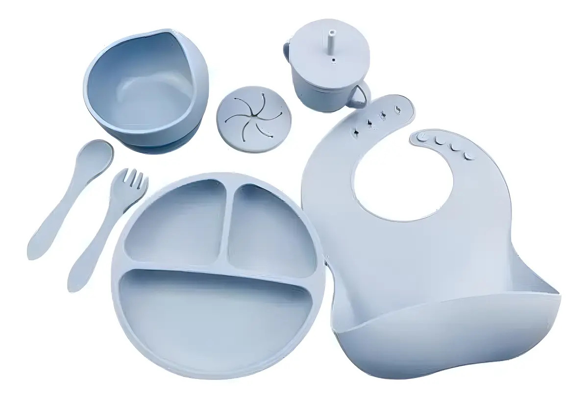 Kit Alimentación Bebe Niño Vajilla En Silicona Plato Babero Color Colores