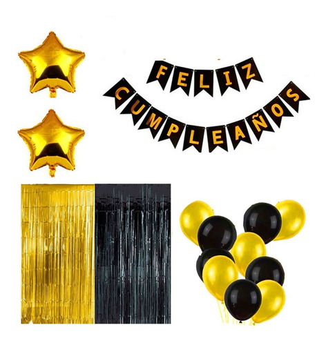 Decoración De Feliz Cumpleaño Dorado Negro Kit Globo Cortina