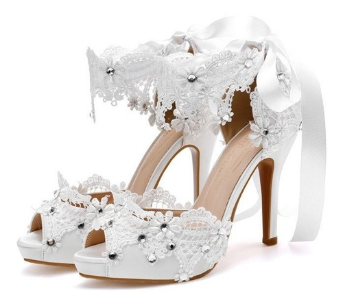 Zapatos Boda De Encaje Tacones Altos De Novia Encaje Blanco