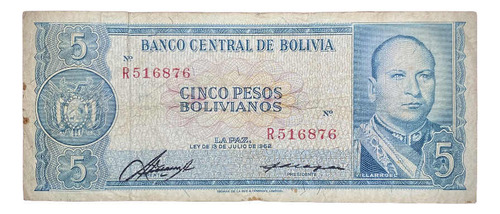 Billete 5 Bolivianos 1962 Pick 153 A.8 Villarroel