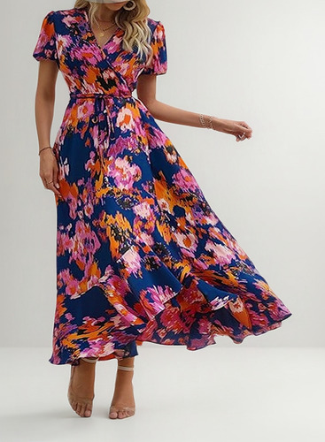 Vestido Con Cuello En V Y Estampado Floral Con Cinturón Fino