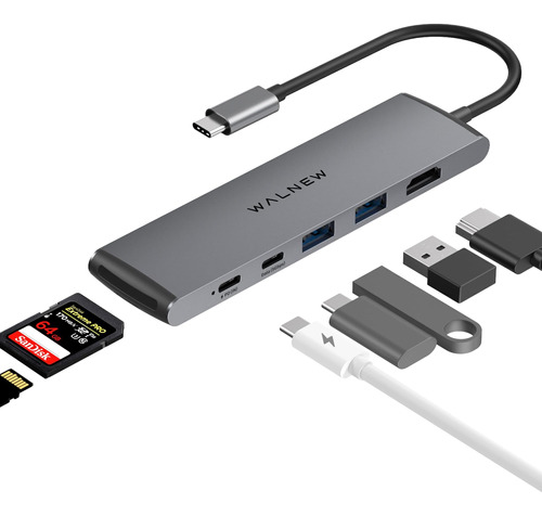 Hub Usb-c 7 En 1 Con Hdmi 4k, Pd De 100 W, Puerto De Datos D