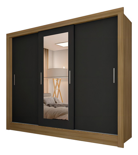 Roupeiro 3 Portas Casal Com 2 Espelhos Aurora Bore/pret M.a Cor Boreal/preto Fosco