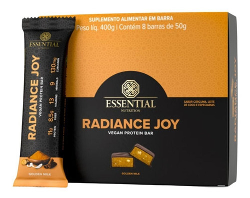 Suplemento em barra Essential Nutrition  Radiance Joy proteínas Radiance Joy sabor  golden milk em caixa de 400g 8 un