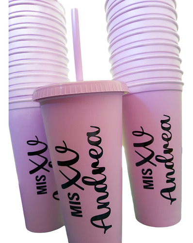 55pzas Vasos - Recuerdo Para Xv Años Con Tapa Y Popote 24oz