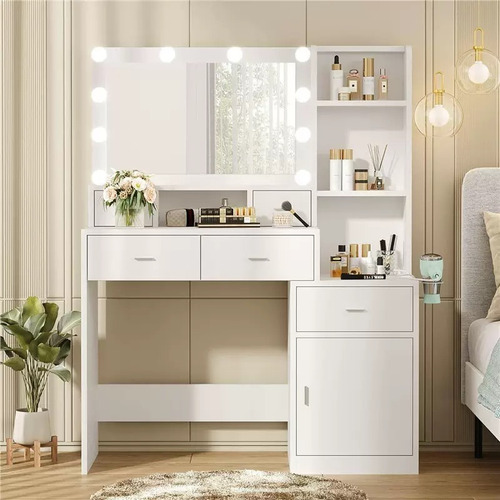 Tocador De Maquillaje Moderno Con Espejo Led Y Portasecadora Blanco