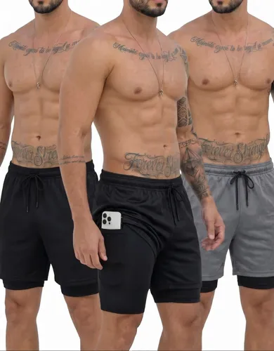 Kit 3 Shorts 2 Em 1 Duplo Bolso Para Academia Treino Corrida