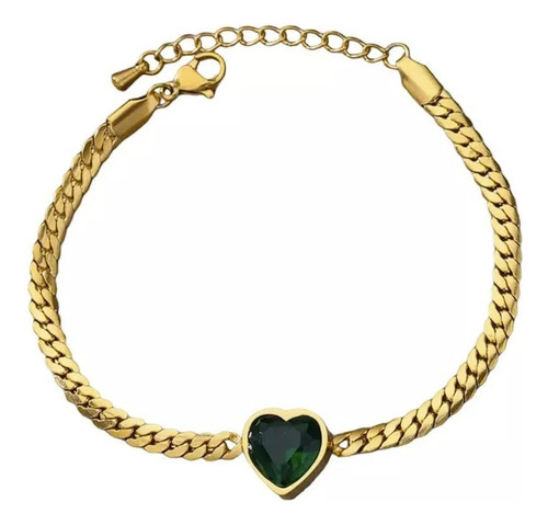 Pulseira Coração Pedra Verde Feminina - Banhada A Ouro 18k