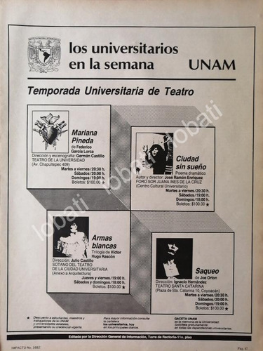 Cartel Retro Unam Temporada Universitaria De Teatro 1982 /13