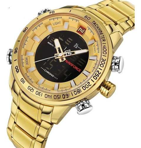 Relógio Masculino Dourado Naviforce 9093 Inox Digital Luxo