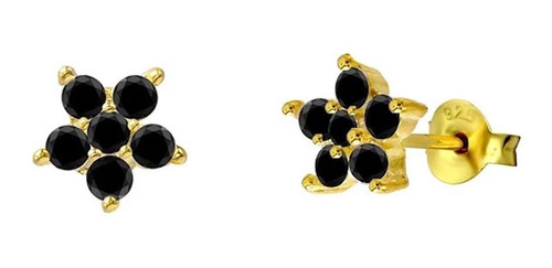 Aretes De Plata 925 Oro 18k Flor De Zirconias Negras Mujer