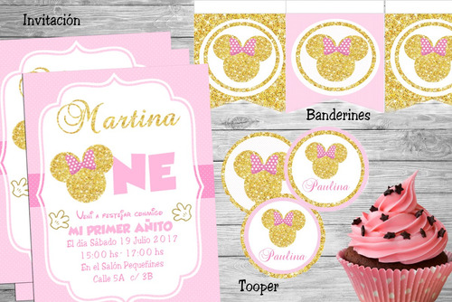 Kit Imprimible Minnie Dorado Rosa Candy Bar Editable