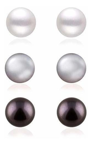 Splendid Pearls Boxed Set 3 Pairs 8mm Genuine