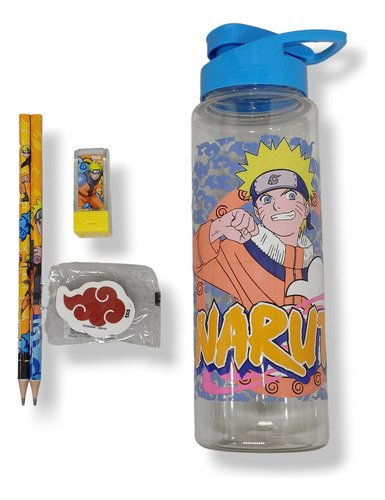 Kit Escolar Squeeze, Lápis, Apontador E Borracha Naruto