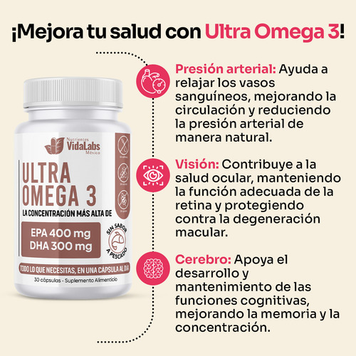 Pack 6 Frascos Ultra Omega 3 Nutrientes Vidalabs México 400 EPA Y 300 DHA