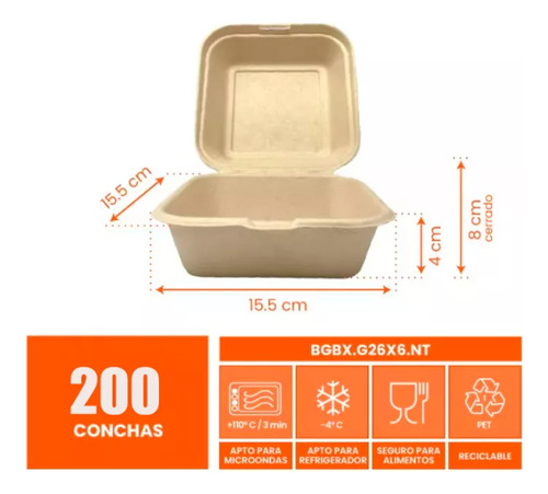 Contenedor Biodegradable Para Hamburguesa 6x6 Bagazo 200 Pzs Color Beige WOW BGBX.G26X6.NT Color Beige