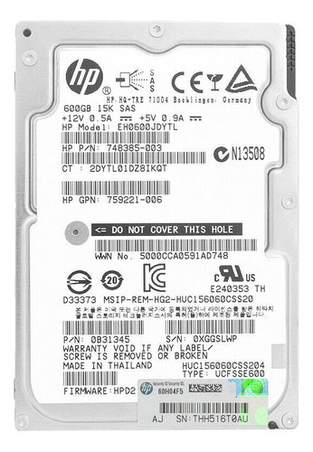 Hd Hp 600gb 15k Sas 2,5 Eh0600jdytl 759212-b21 748385-003 759221-006 Cor Cinza