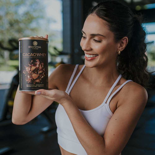 Lata Cacao Whey Protein 450 Gramas Essential em po sabor chocolate