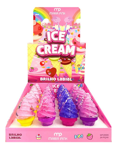 Caixa 24 Brilho Labial Gloss Infantil Ice Cream Maria Pink