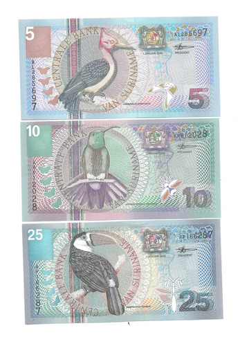 Suriname: 3 Billetes Hermosos Año 2000 ¡sin Circular!