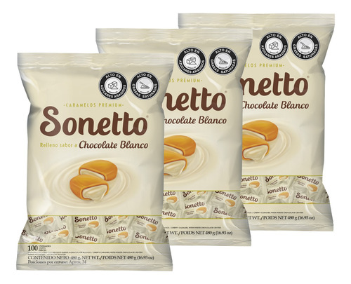 Caramelo Chocolate Blanco Premium Sonetto 3 Paquetes X100uds