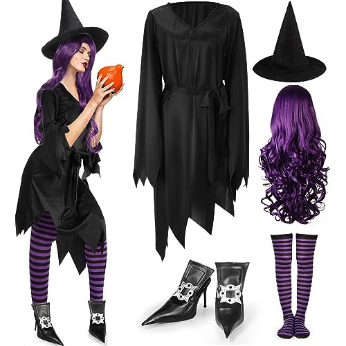 Conjunto De Disfraz De Bruja Para Halloween Para Mujeres, Peluca, Medias, Gorro Y Zapatos A Rayas