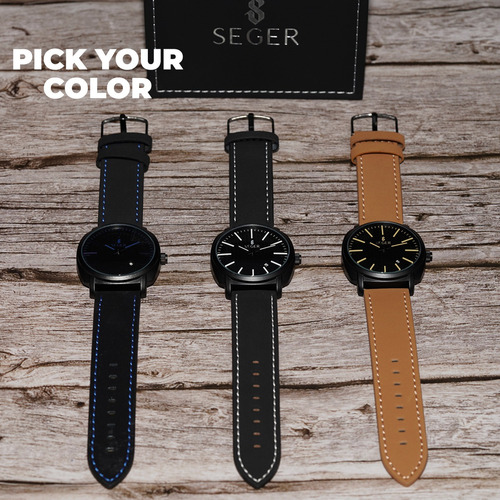 Reloj Minimalista Elegante Seger 9169 Analogico Fecha Cuero Color De La Malla Negro/azul