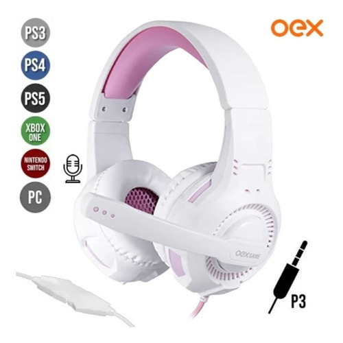 Fone De Ouvido Gamer Gorky P3 Oex Branco Com Rosa Hs413