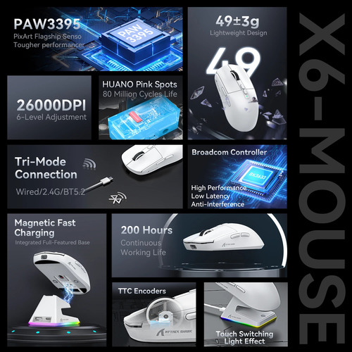Ratón Bluetooth Attack Shark X6 Paw3395, Conexión Trimodo