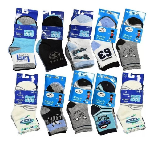 Kit 12 Pares Meia Infantil Juvenil Masculina Soquete Algodão