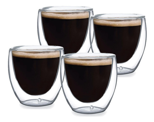 Imagem 1 de 3 de Xícara De Café 4 Copos Parede Dupla Vidro 240ml Café Chá Bar