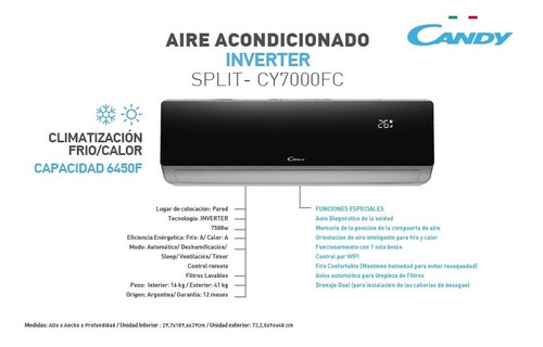 Imagen 2 de 7 de Aire Acondicionado Split Candy Inverter Artcool Cy7000fc-inv