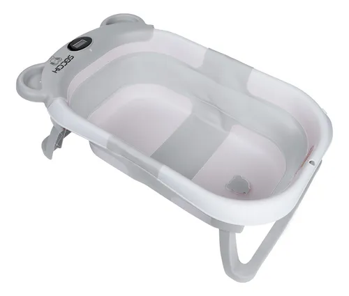 Bañera Plegable Kiddos Bebés Portátil Tina De Baño Viaje Amplia Cómoda Resistente Incluye Cojín Y Termómetro Con Orejas Color Gris