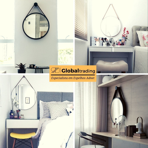 Espelho Decorativo Vintage 60cm Adnet C/ Alça Couro Preto